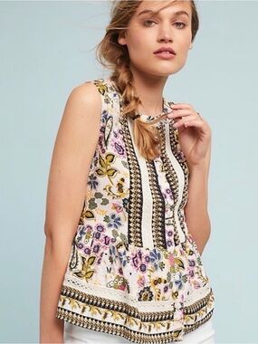 Anthropologie Sleeveless Floral Button-Front Peplum Top - White Multi